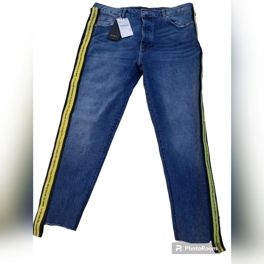 NWT Zara denim phrase striped side button fly jeans size 46